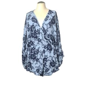 Altar'd State Blue Floral V Neck Long Sleeve Romper M